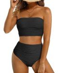 High Waisted Black Bandeau Bikini Set for Women