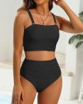 High Waisted Black Bandeau Bikini Set for Women