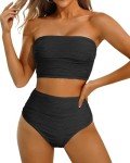 High Waisted Black Bandeau Bikini Set for Women