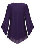 Viracy Dressy Blouses for Women V Neck 3/4 Flared Sleeve Double Layers Elastic Mesh Chiffon Tops for Wedding Guest, Buniess Casual Wear Modlily-Purple, XL