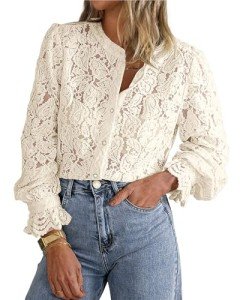 PRETTYGARDEN Women's Dressy Casual Lace Blouse Long Sleeve Button Up Shirts Tops Fall Fashion Clothes (Beige,Large)