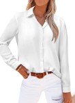Women Blouses Ladies Long Sleeve Tops V Neck Button Down Shirt Fall Work Office White Blouse Casual Loose Lightweight Solid Shirts White Large