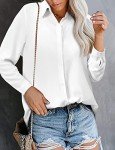 Women Blouses Ladies Long Sleeve Tops V Neck Button Down Shirt Fall Work Office White Blouse Casual Loose Lightweight Solid Shirts White Large