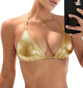 JuicyRose Women's Gold Metallic Halter Bikini Top