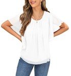 Qixing Summer Casual Loose Round Neck Chiffon Flowy Tops Blouses for Women White-X-L