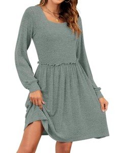 WNEEDU Women's Long Sleeve Sweater Dress - Army Green