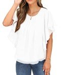 Qixing Summer Casual Loose Round Neck Chiffon Flowy Tops Blouses for Women White-X-L