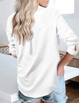 Women Blouses Ladies Long Sleeve Tops V Neck Button Down Shirt Fall Work Office White Blouse Casual Loose Lightweight Solid Shirts White Large