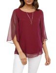 Oyamiki Womens Half Sleeve Top Casual Scoop Neck Layered Chiffon Blouses Wine Red/XXL