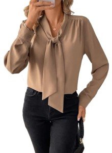 Astylish Women's Bow Tie Neck Long Sleeve Dressy Elegant Office Work Pullover Blouse Formal Shirt for Lady Casual Fashion 2024 Flowy Tunic Tops, Camel, Medium