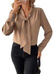 Astylish Women's Bow Tie Neck Long Sleeve Dressy Elegant Office Work Pullover Blouse Formal Shirt for Lady Casual Fashion 2024 Flowy Tunic Tops, Camel, Medium