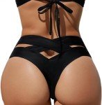 Limeeke Women's High Waisted Black Thong Bikini Bottom