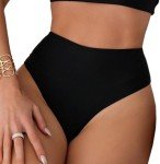 Limeeke Women's High Waisted Black Thong Bikini Bottom