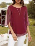 Oyamiki Womens Half Sleeve Top Casual Scoop Neck Layered Chiffon Blouses Wine Red/XXL