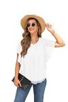 Qixing Summer Casual Loose Round Neck Chiffon Flowy Tops Blouses for Women White-X-L