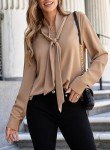 Astylish Women's Bow Tie Neck Long Sleeve Dressy Elegant Office Work Pullover Blouse Formal Shirt for Lady Casual Fashion 2024 Flowy Tunic Tops, Camel, Medium