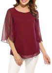 Oyamiki Womens Half Sleeve Top Casual Scoop Neck Layered Chiffon Blouses Wine Red/XXL