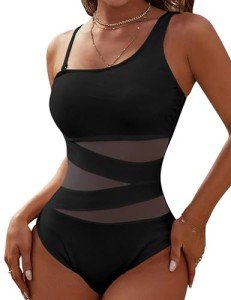 One Shoulder Black Mesh One Piece Swimsuit