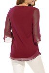 Oyamiki Womens Half Sleeve Top Casual Scoop Neck Layered Chiffon Blouses Wine Red/XXL