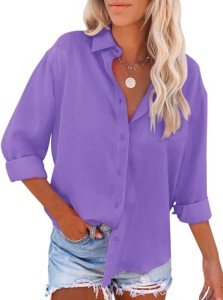 KISSMODA Womens Button Down Blouse Casual V Neck Long Sleeve Collared Shirts Business Office Plain Tops Fall Loose Blouses,Purple,Medium
