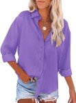KISSMODA Womens Button Down Blouse Casual V Neck Long Sleeve Collared Shirts Business Office Plain Tops Fall Loose Blouses,Purple,Medium