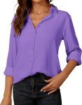 KISSMODA Womens Button Down Blouse Casual V Neck Long Sleeve Collared Shirts Business Office Plain Tops Fall Loose Blouses,Purple,Medium