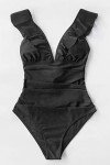 CUPSHE Women's Ruffled V Neck Black Monokini