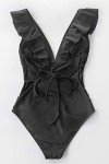 CUPSHE Women's Ruffled V Neck Black Monokini