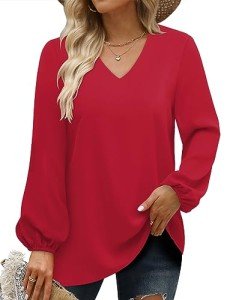 CHICZONE Womens Blouse Long Sleeve Shirts Ladies V Neck Fall Winter Solid Pullover Tops Balloon Sleeves Cute Work Trendy Loose Flowy Tops Red Large