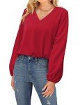 CHICZONE Womens Blouse Long Sleeve Shirts Ladies V Neck Fall Winter Solid Pullover Tops Balloon Sleeves Cute Work Trendy Loose Flowy Tops Red Large