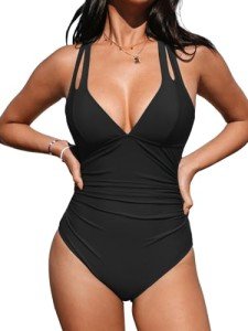 CUPSHE Deep V Neck Black One Piece Swimsuit