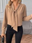 Astylish Women's Bow Tie Neck Long Sleeve Dressy Elegant Office Work Pullover Blouse Formal Shirt for Lady Casual Fashion 2024 Flowy Tunic Tops, Camel, Medium