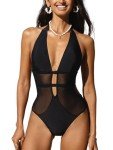 CUPSHE Women's Black Deep V Halter One-Piece Swimsuit