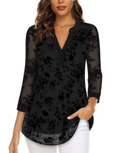 Zamowoty Blouses for Women Business Casual,Womens Tops Dressy Casual 3/4 Sleeve Tunic Tops for Women Loose Fit Dressy V Neck Flowy Ladies Fall Shirts Work Attire for Women Office Black Floral L