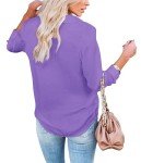 KISSMODA Womens Button Down Blouse Casual V Neck Long Sleeve Collared Shirts Business Office Plain Tops Fall Loose Blouses,Purple,Medium