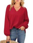 CHICZONE Womens Blouse Long Sleeve Shirts Ladies V Neck Fall Winter Solid Pullover Tops Balloon Sleeves Cute Work Trendy Loose Flowy Tops Red Large