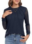 OLRIK Long Sleeve Shirt Women Waffle Knit Tops Dressy Business Casual Blouses Lace Long Sleeve Work Shirts Fall Clothes Navy Blue-L