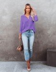 KISSMODA Womens Button Down Blouse Casual V Neck Long Sleeve Collared Shirts Business Office Plain Tops Fall Loose Blouses,Purple,Medium