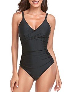Relleciga Women's Black V-Neck Ruched Swimsuit