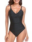 Relleciga Women's Black V-Neck Ruched Swimsuit