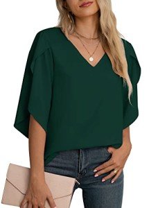 Jouica Women Summer 3/4 Sleeve Tops V Neck Chiffon Blouses for Women 3/4 Sleeve,01Dark Green,X-Large