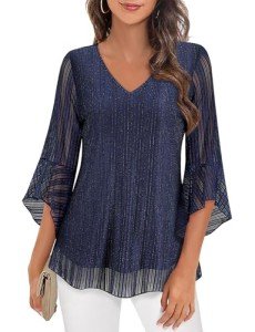 Koscacy Blouse for Women Half Sleeve Flowy Tops V Neck Fashion Trendy Elegant Work Professional Floral Chiffon Tunic Going Out Wedding Tops Guest Clothes Blue Large