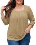KARALIN Womens Plus Size Tops Tunic 3/4 Sleeve Square Neck Shirts Casual Soft Blouse 2XL Khaki