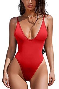 ESONLAR Women's V Neck Open Back Swimsuit, Red