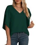 Jouica Women Summer 3/4 Sleeve Tops V Neck Chiffon Blouses for Women 3/4 Sleeve,01Dark Green,X-Large