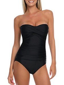 Women’s Black Ruched Halter Twist One-Piece Swimsuit