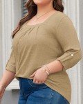 KARALIN Womens Plus Size Tops Tunic 3/4 Sleeve Square Neck Shirts Casual Soft Blouse 2XL Khaki
