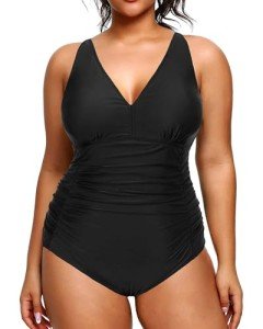 Plus Size Black V-Neck One Piece Swimsuit
