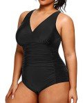Plus Size Black V-Neck One Piece Swimsuit