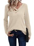 YSYOKOW Womens Long Sleeve Shirts Dressy Casual V Neck Tops Basic Loose Blouses Tunic(Beige, Medium)